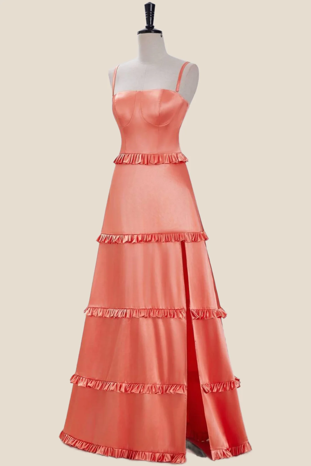 Straps Orange Ruffles Long Dress with Slit - Image 3