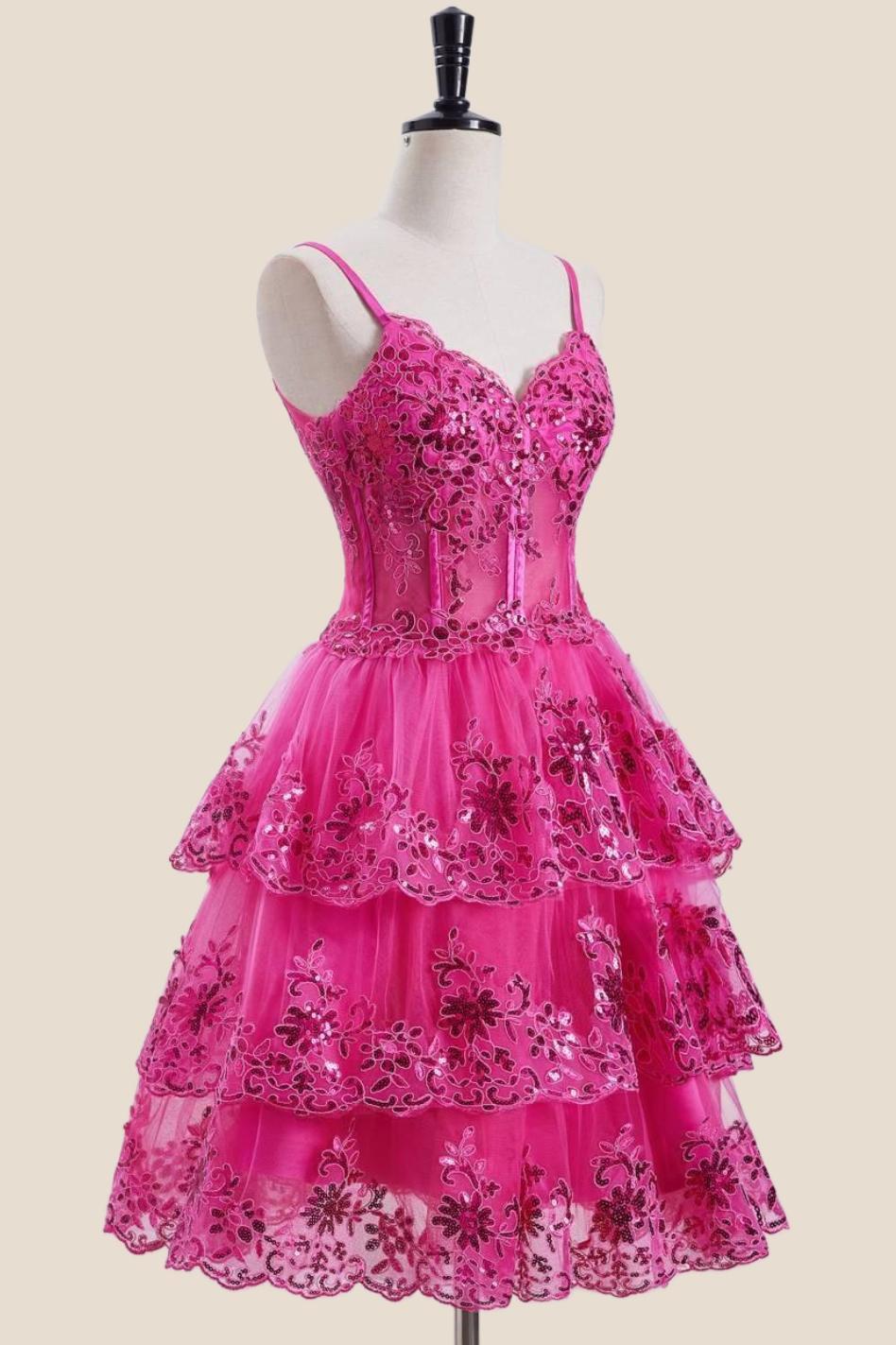 Hot Pink Appliques Short Ruffle Homecoming Dress - Image 3