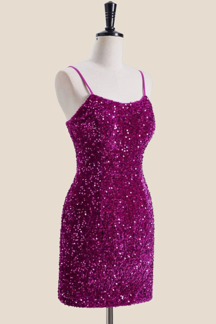 Straps Magenta Sequin Bodycon Short Dress - Image 3