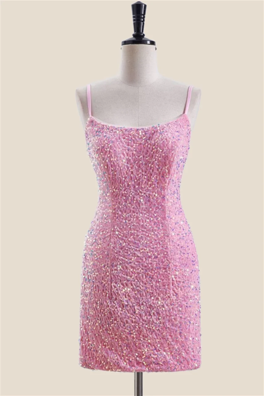 Straps Magenta Sequin Bodycon Short Dress - Image 7