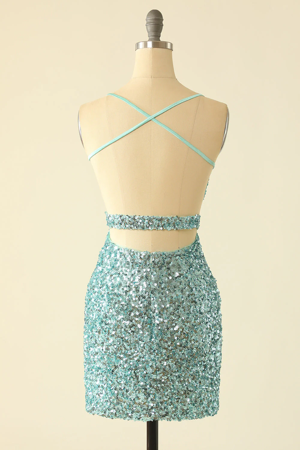 Straps Mint Green Sequin Tight Mini Dress - Image 3
