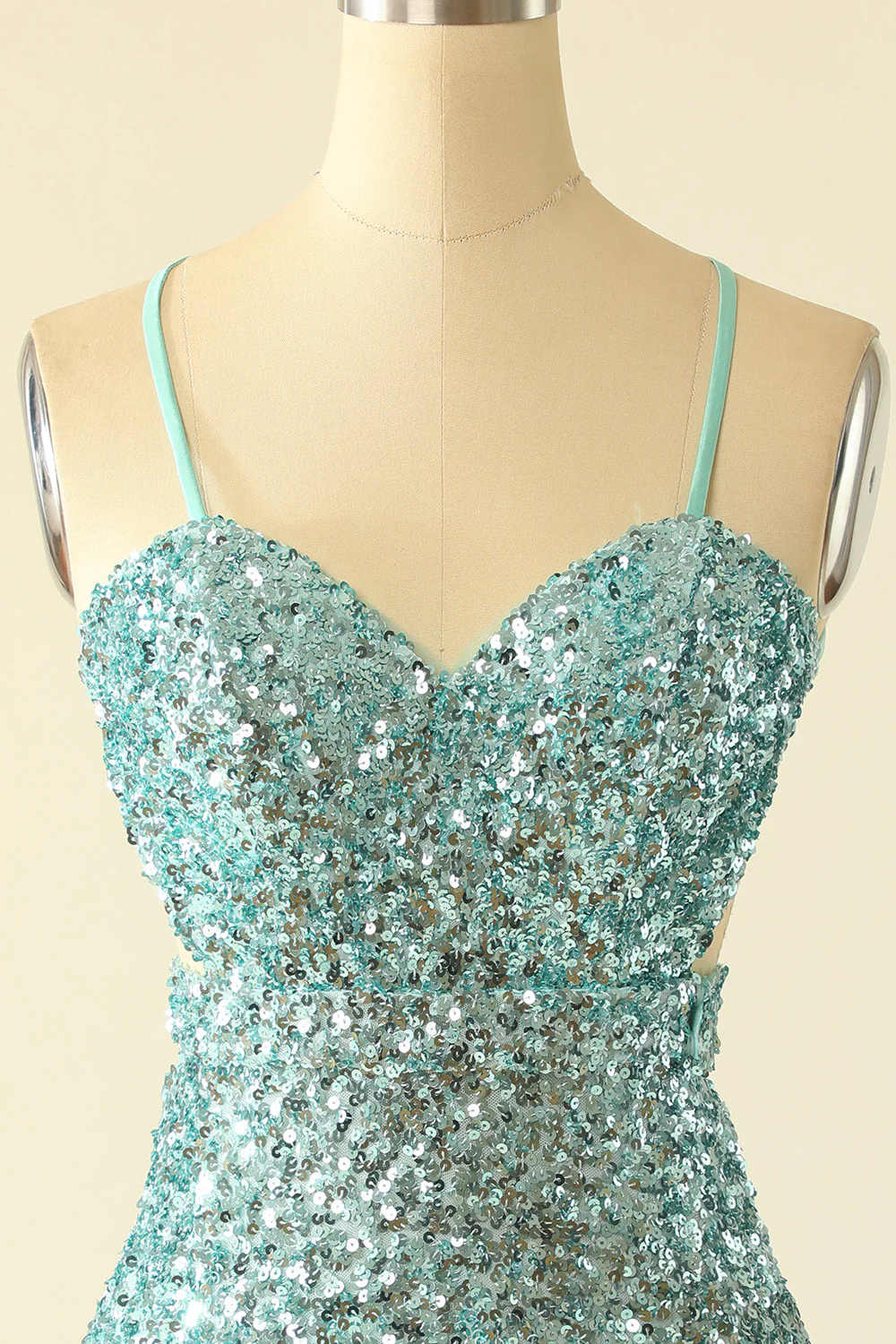 Straps Mint Green Sequin Tight Mini Dress - Image 4