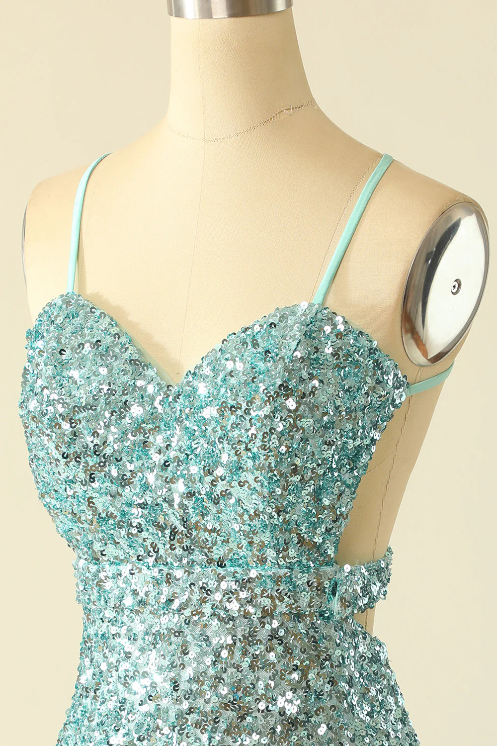 Straps Mint Green Sequin Tight Mini Dress - Image 5