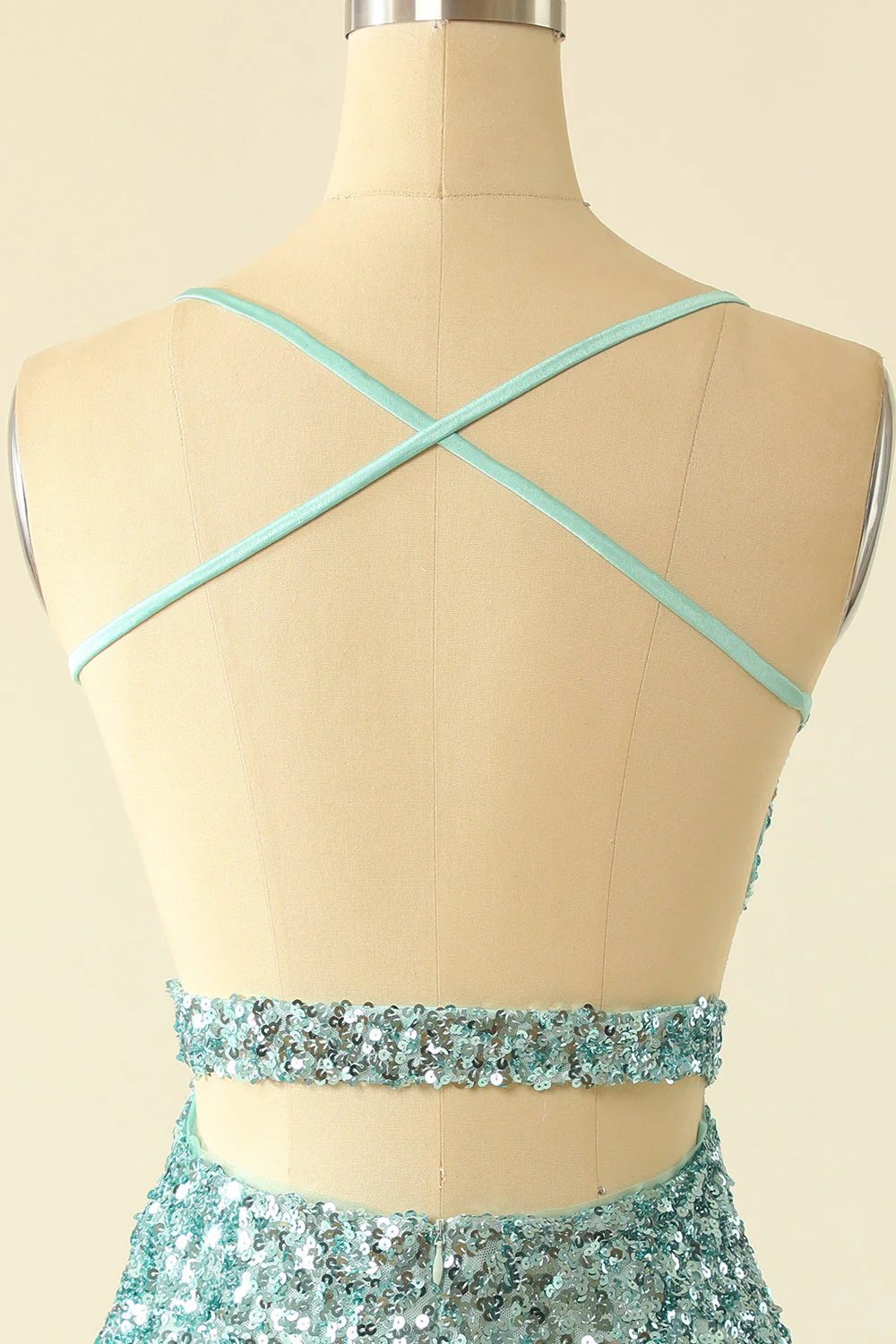 Straps Mint Green Sequin Tight Mini Dress - Image 6