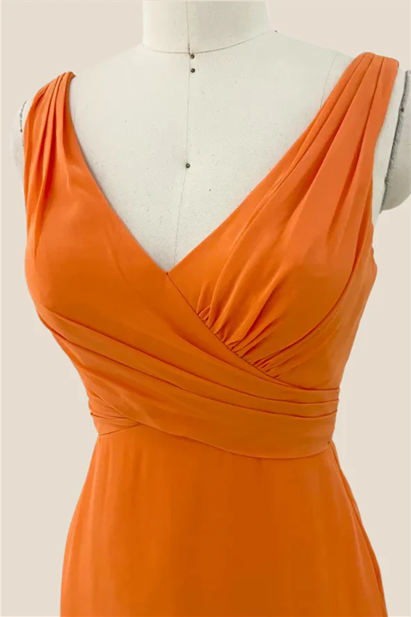 Straps Orange Ruched Long Bridesmaid Dress - Image 4