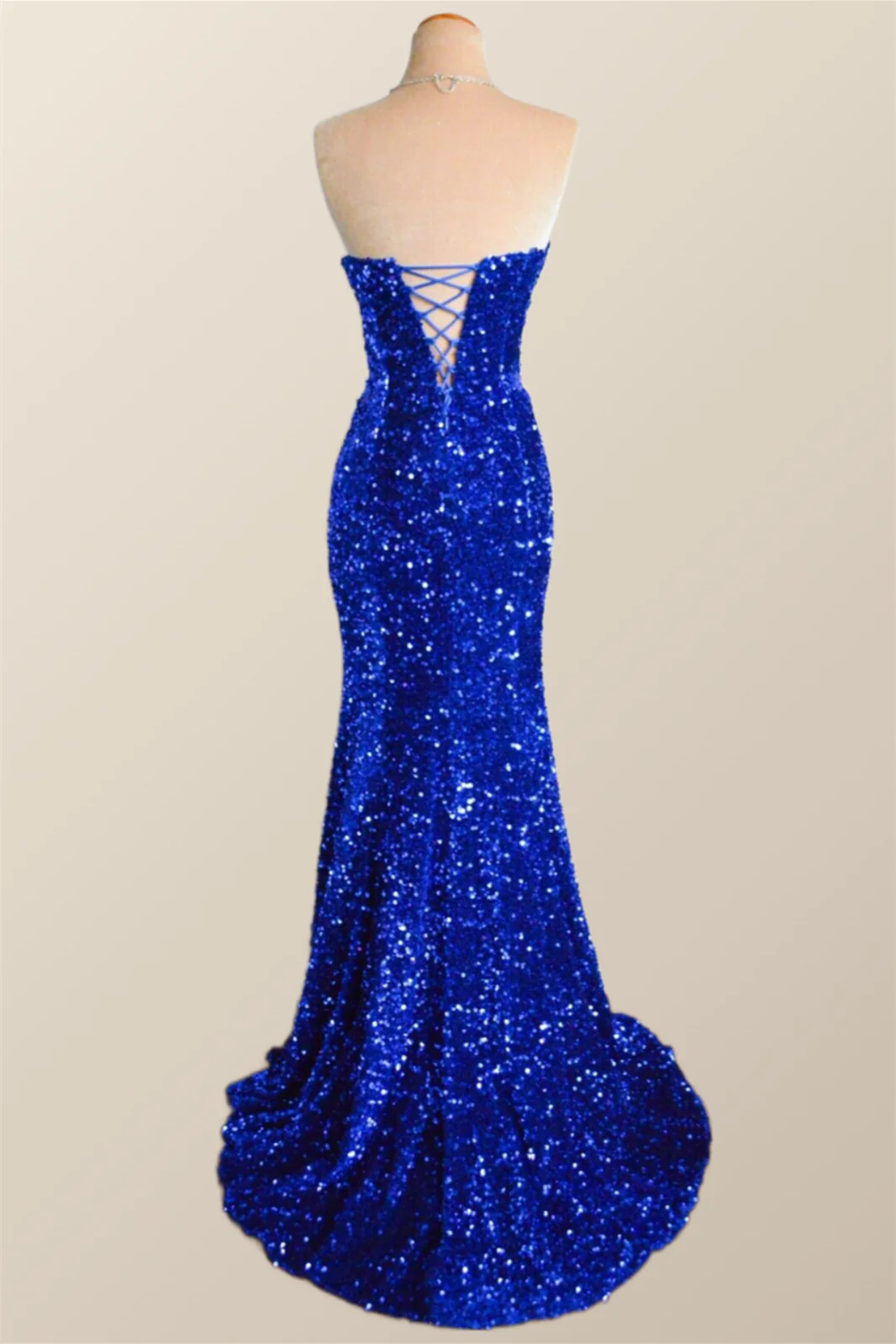 Strapless Royal Blue Velvet Sequin Mermaid Party Dress - Image 3