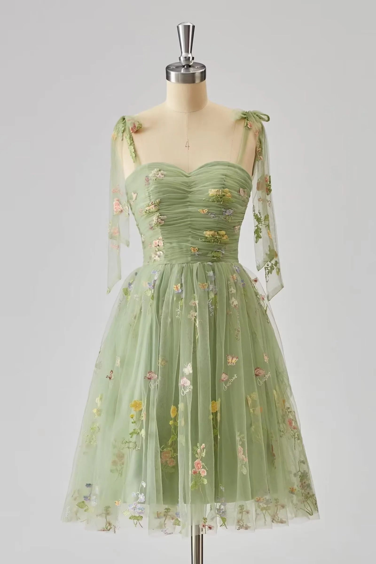 Tie Shoulders Blue Floral A-line Short Dress - Image 3