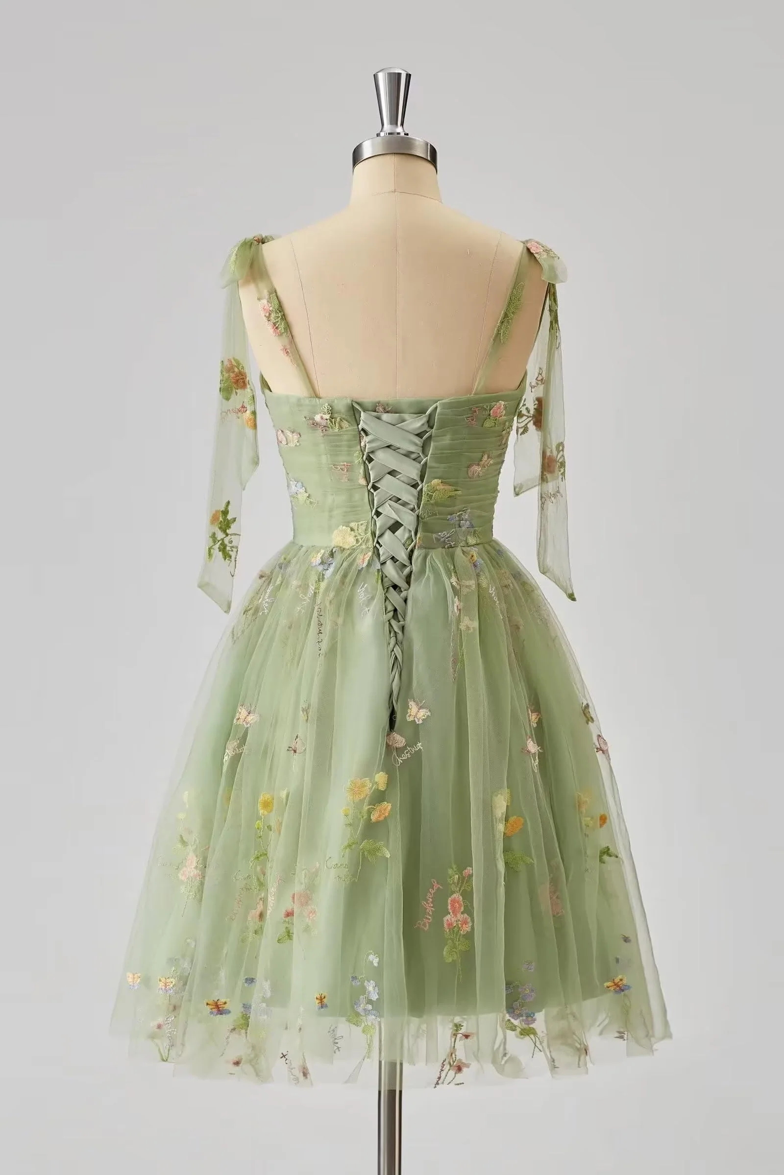 Tie Shoulders Blue Floral A-line Short Dress - Image 4