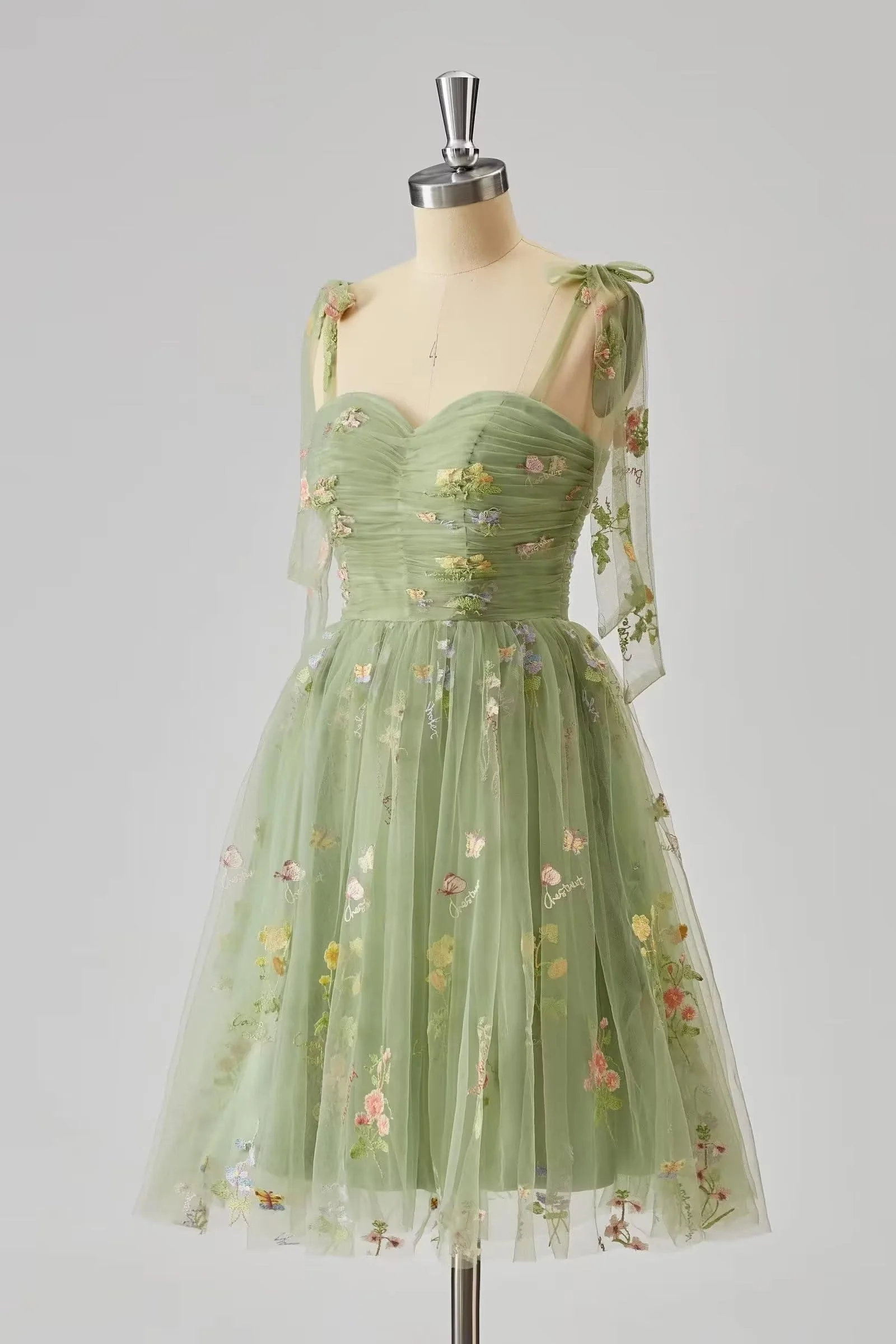 Tie Shoulders Blue Floral A-line Short Dress - Image 5