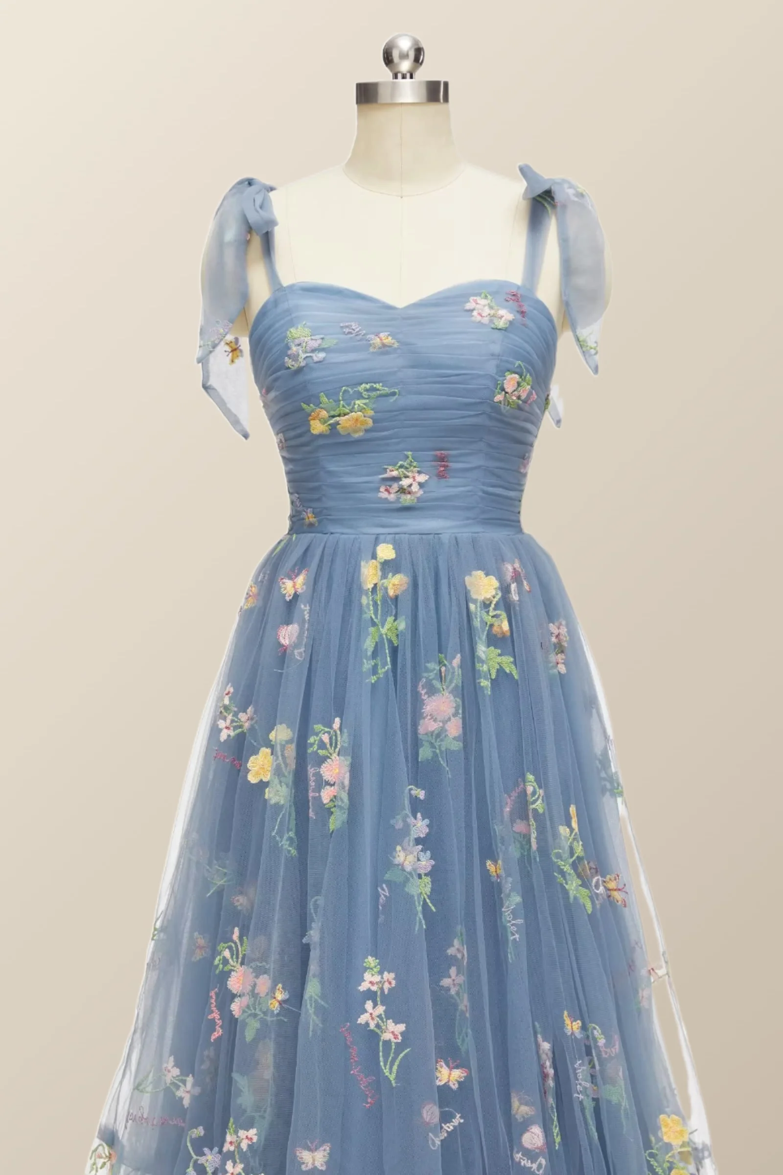 Tie Straps Blue Floral A-line Long Formal Dress - Image 10