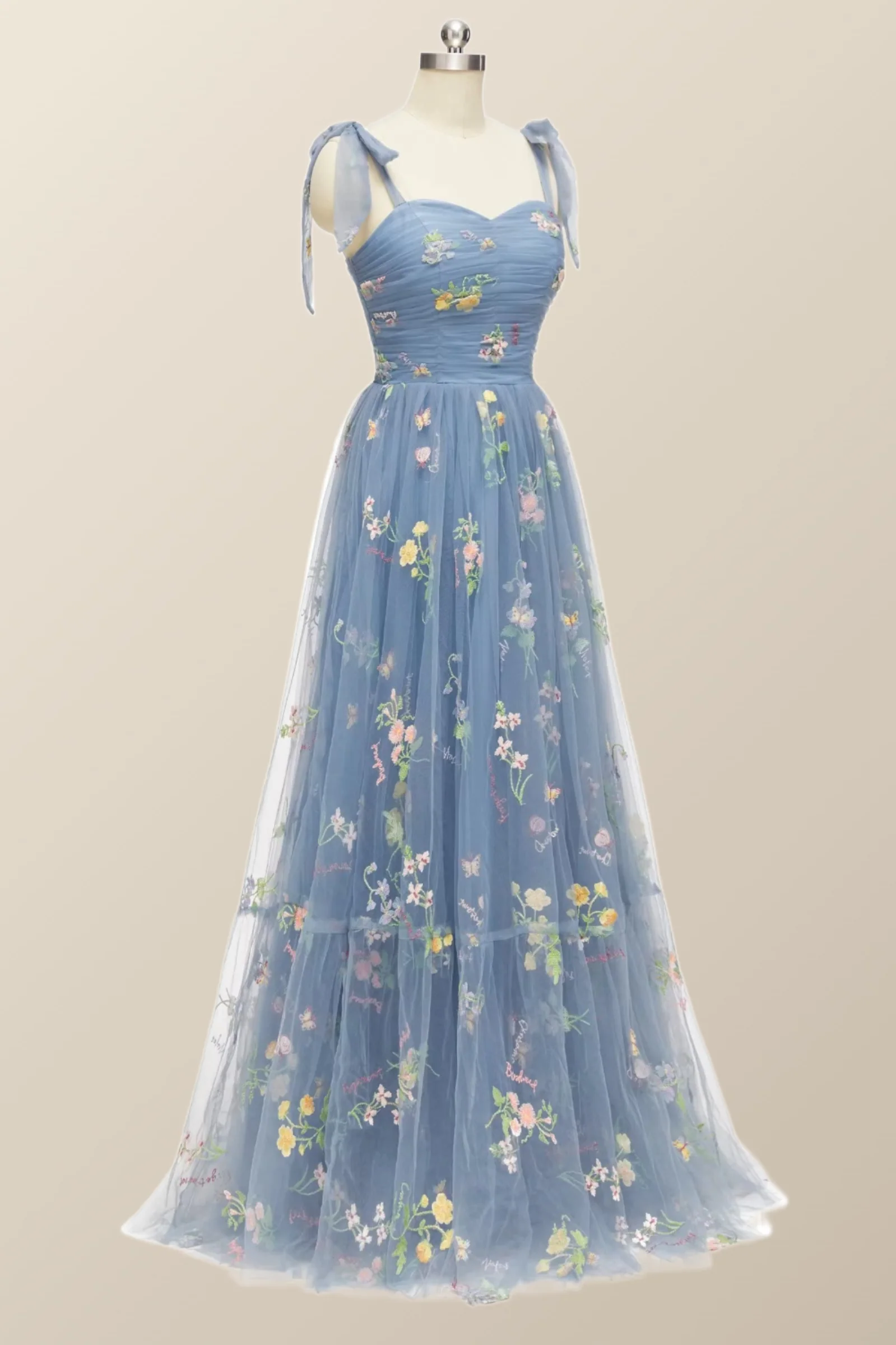 Tie Straps Blue Floral A-line Long Formal Dress - Image 11