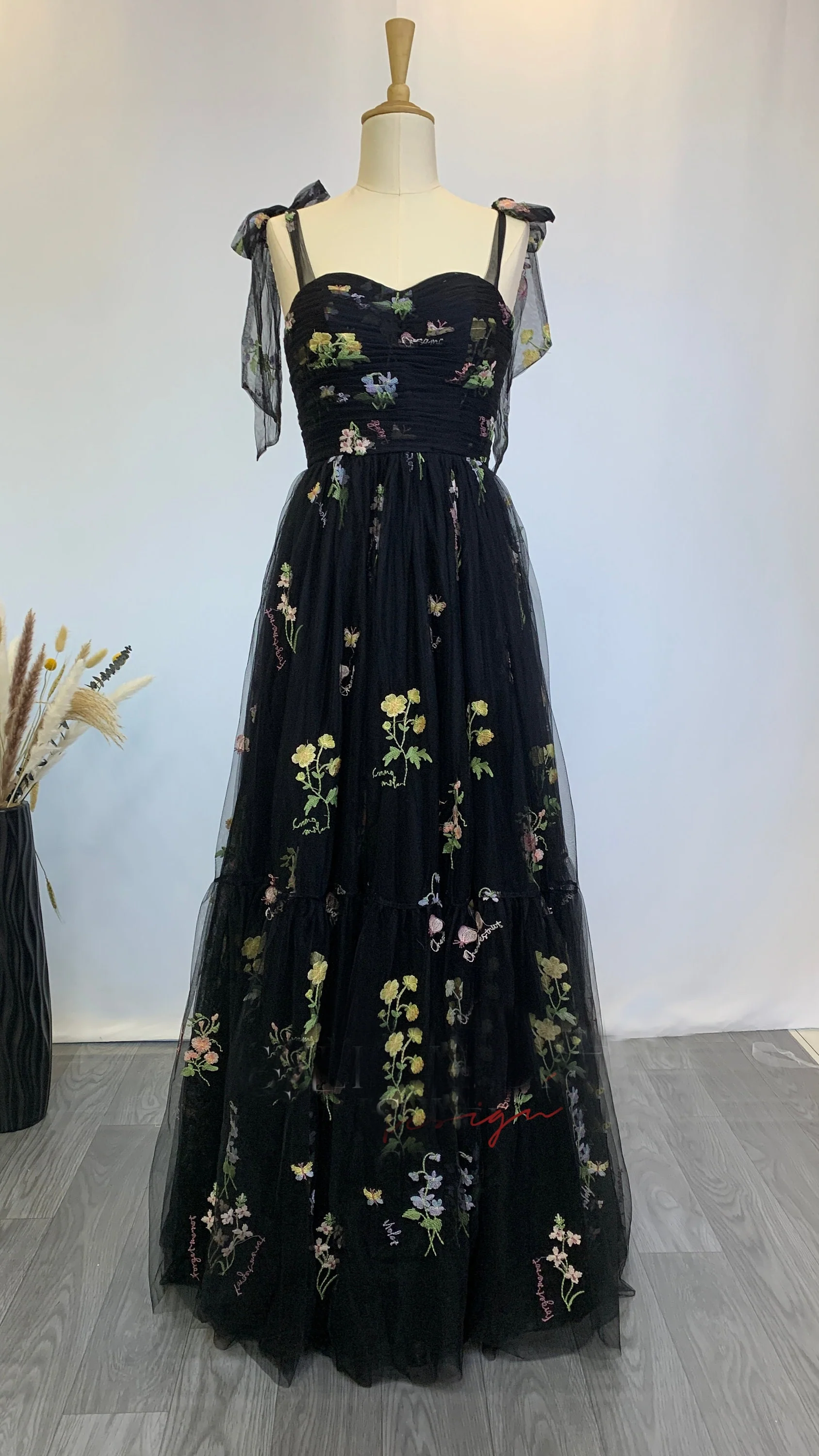 Tie Straps Blue Floral A-line Long Formal Dress - Image 12