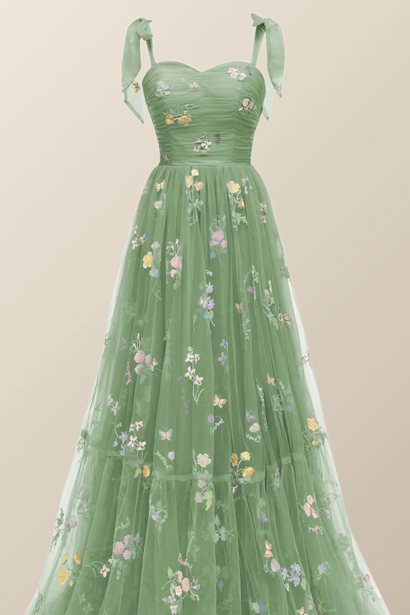 Tie Straps Blue Floral A-line Long Formal Dress - Image 3