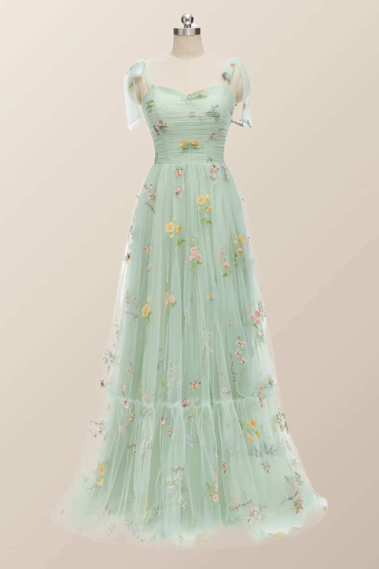 Tie Straps Blue Floral A-line Long Formal Dress - Image 4