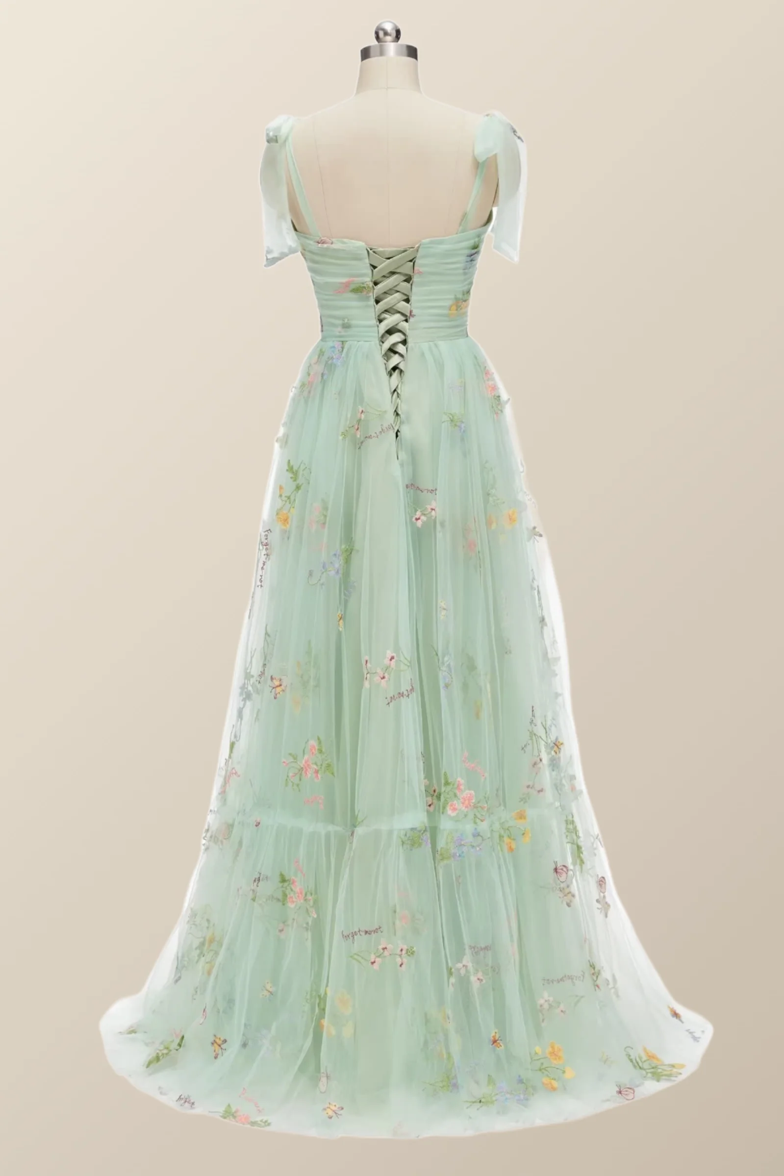 Tie Straps Blue Floral A-line Long Formal Dress - Image 5