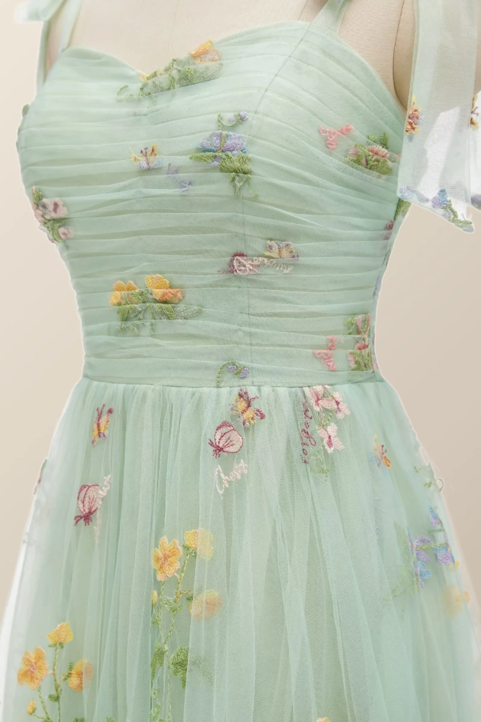 Tie Straps Blue Floral A-line Long Formal Dress - Image 6