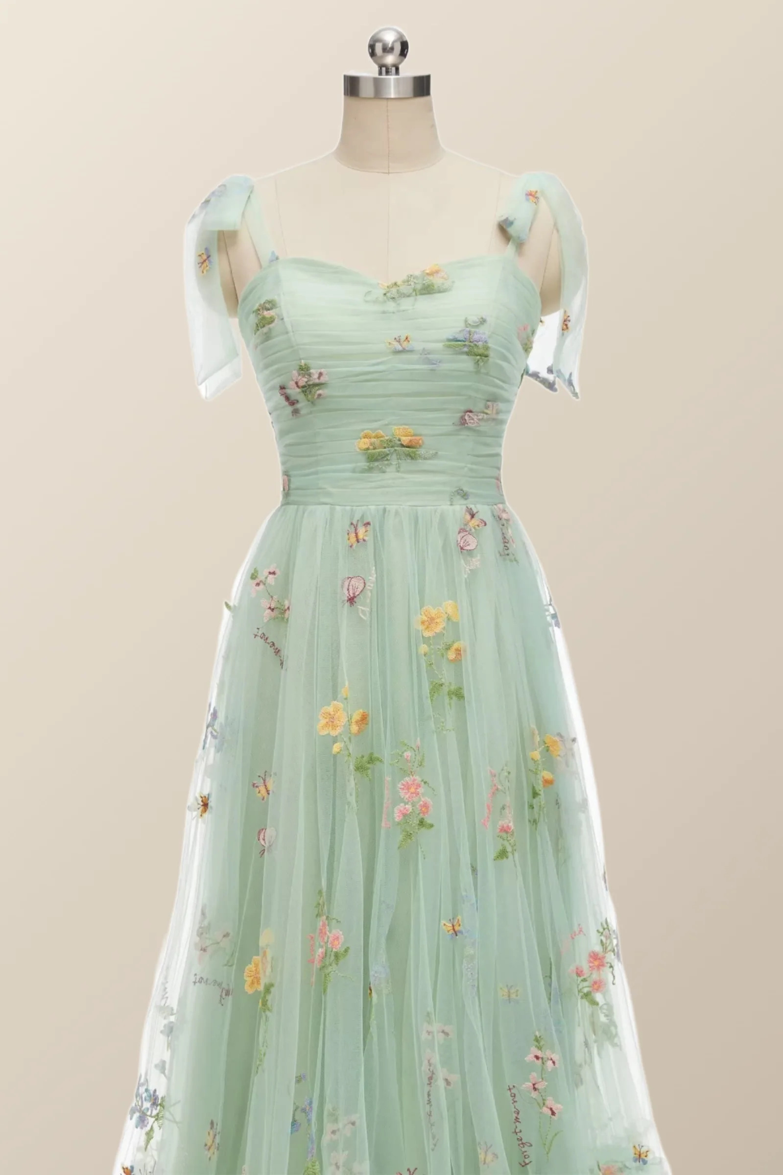 Tie Straps Blue Floral A-line Long Formal Dress - Image 7