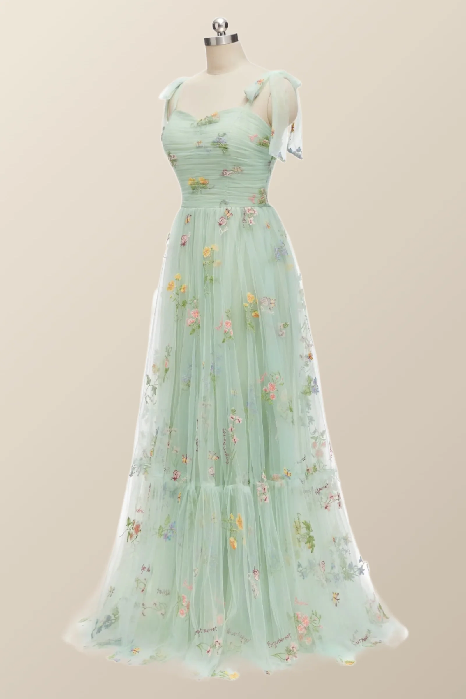 Tie Straps Blue Floral A-line Long Formal Dress - Image 8