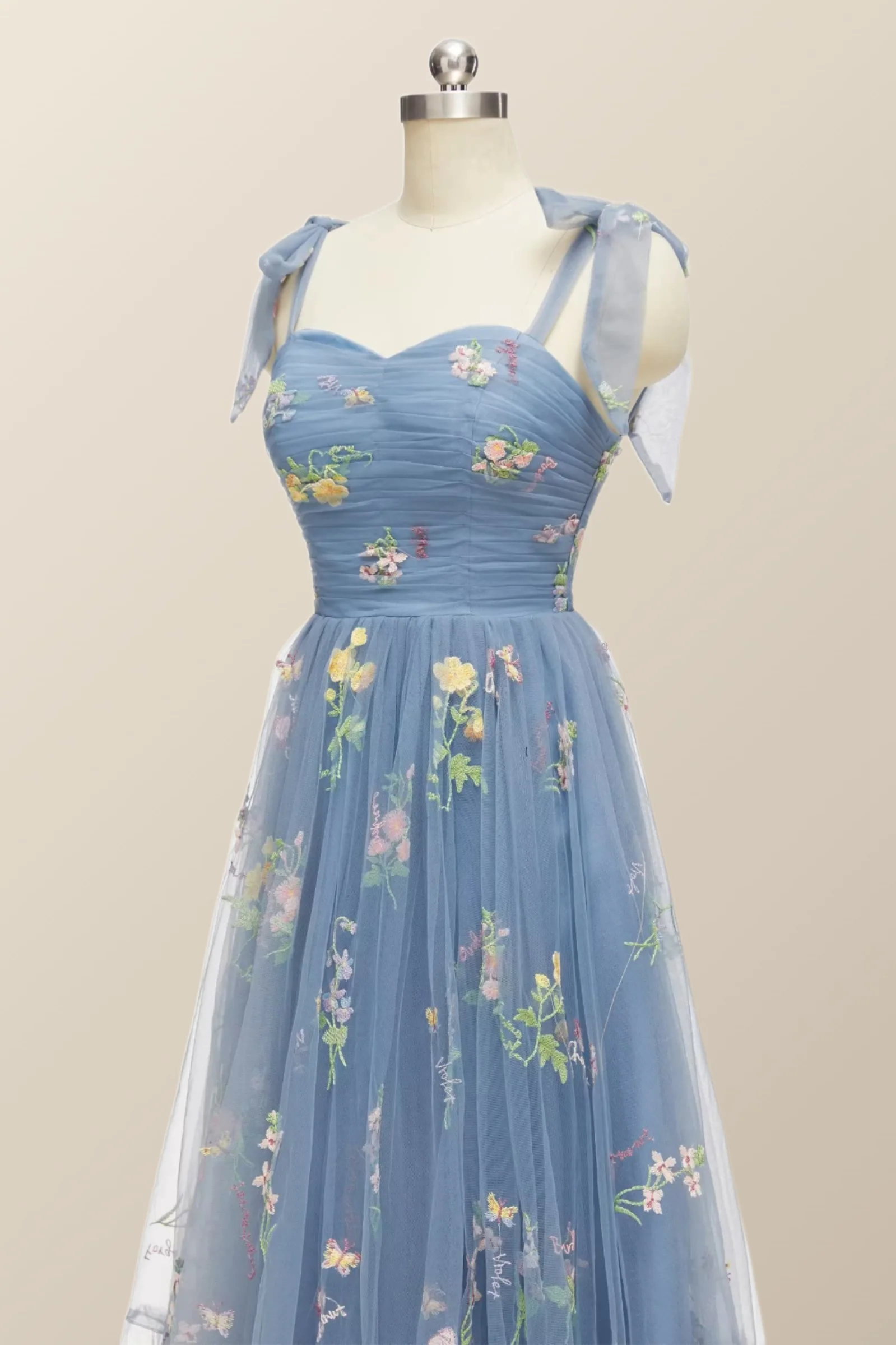 Tie Straps Blue Floral A-line Long Formal Dress - Image 9