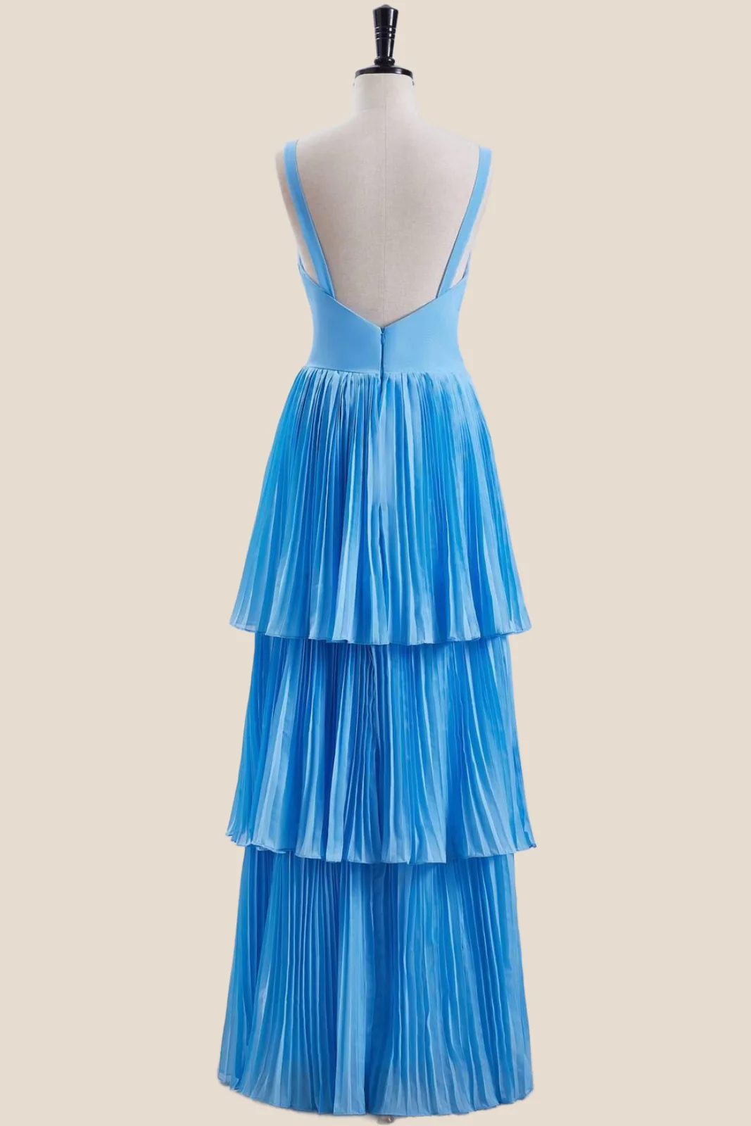 V Neck Blue Empire Tiered Long Bridesmaid Dress - Image 3