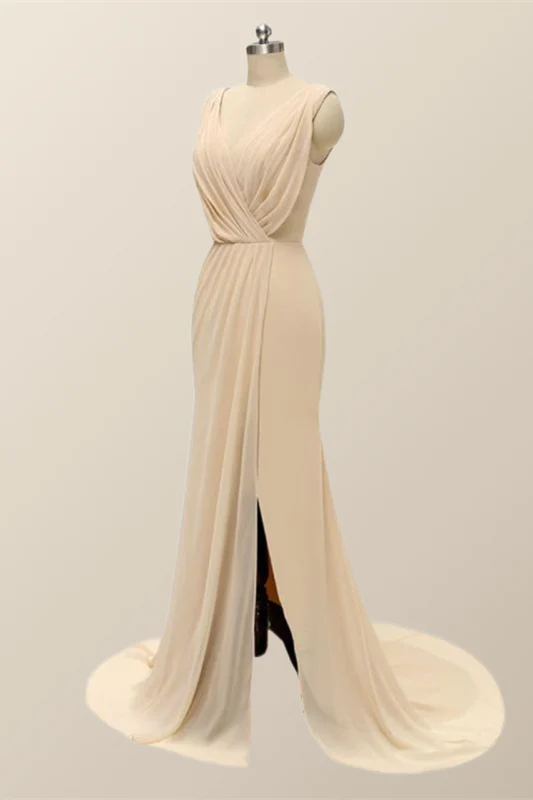 V Neck Blue Pleated Chiffon Long Bridesmaid Dress - Image 4