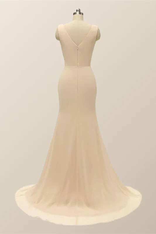 V Neck Blue Pleated Chiffon Long Bridesmaid Dress - Image 6