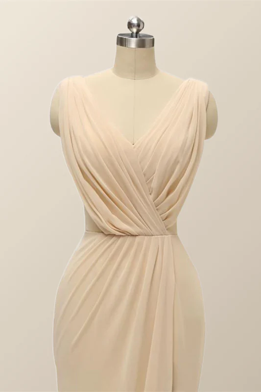 V Neck Blue Pleated Chiffon Long Bridesmaid Dress - Image 7