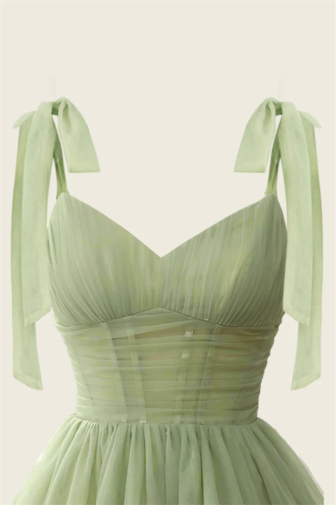 V-neck Sage Green Pleated A-line Short Dress - Image 3