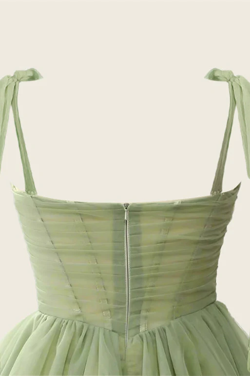 V-neck Sage Green Pleated A-line Short Dress - Image 4