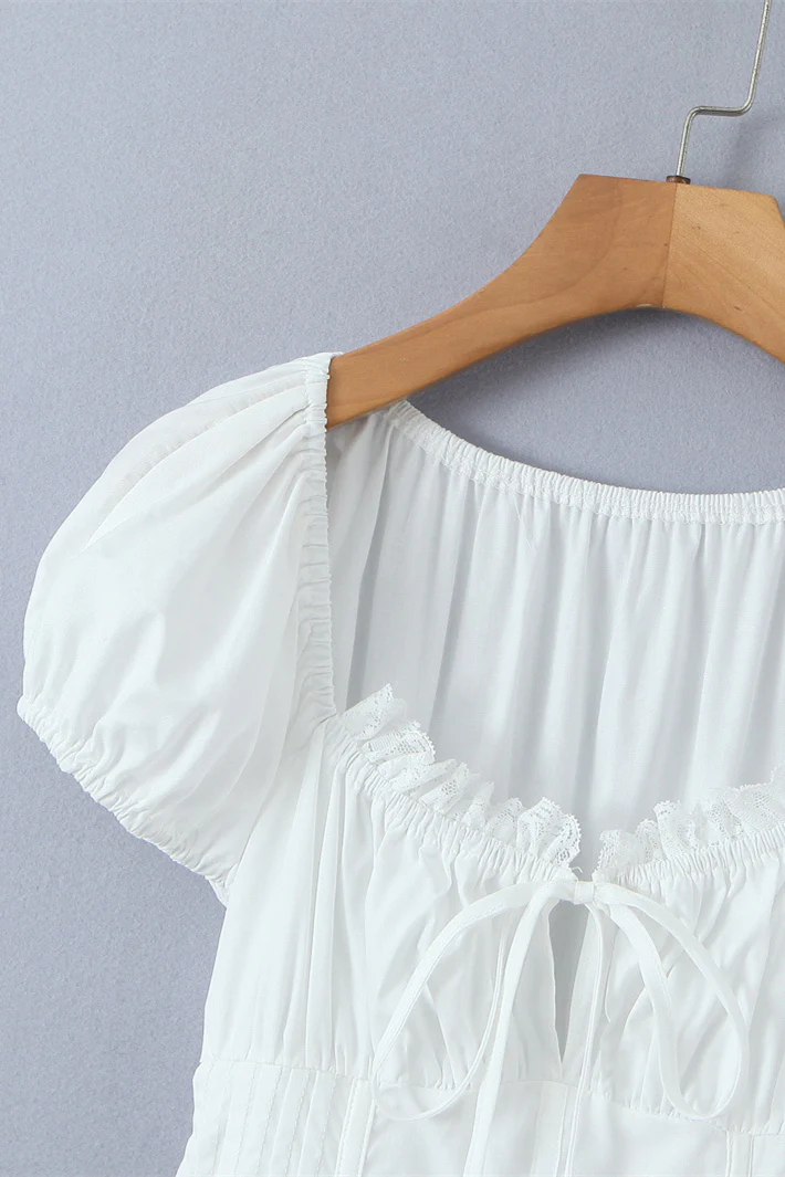 White Lace Patchwork Cotton Short Dress - Image 3