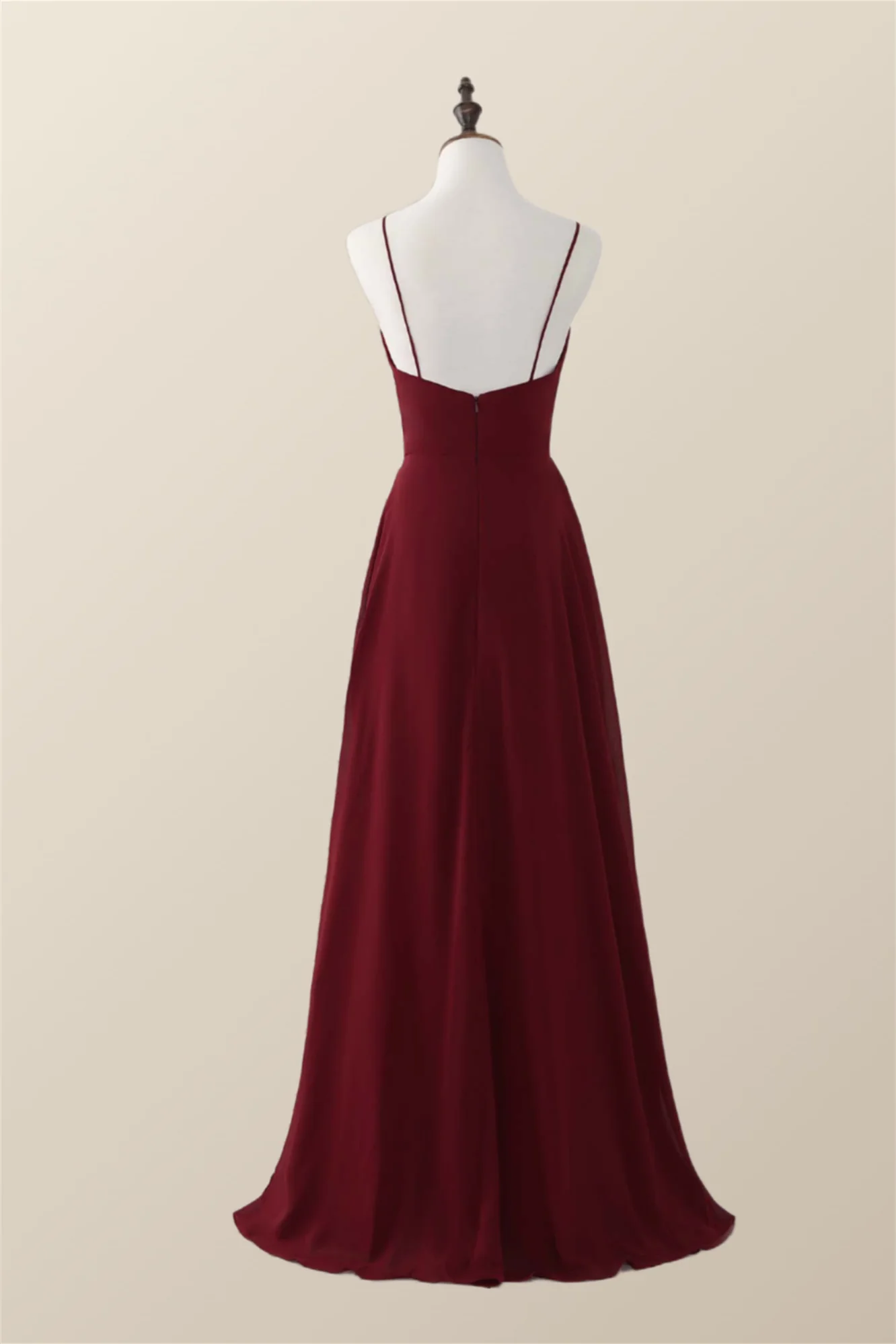Wine Red Straps Ruffle A-line Long Bridesmaid Dress - Image 3