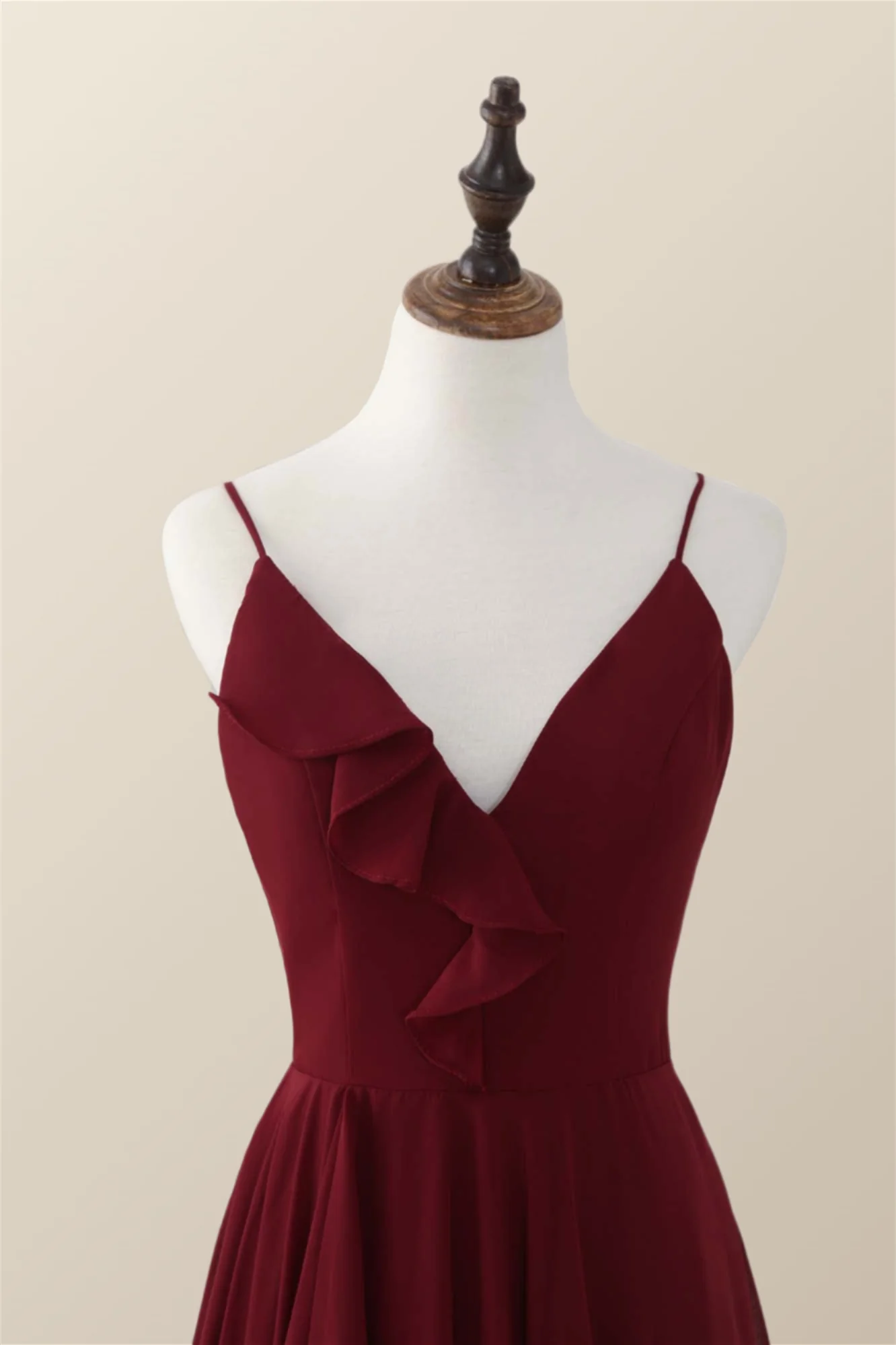 Wine Red Straps Ruffle A-line Long Bridesmaid Dress - Image 4