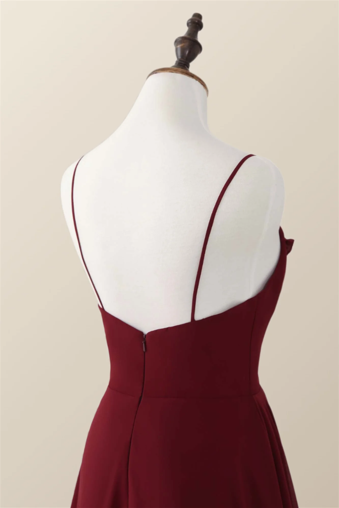 Wine Red Straps Ruffle A-line Long Bridesmaid Dress - Image 5